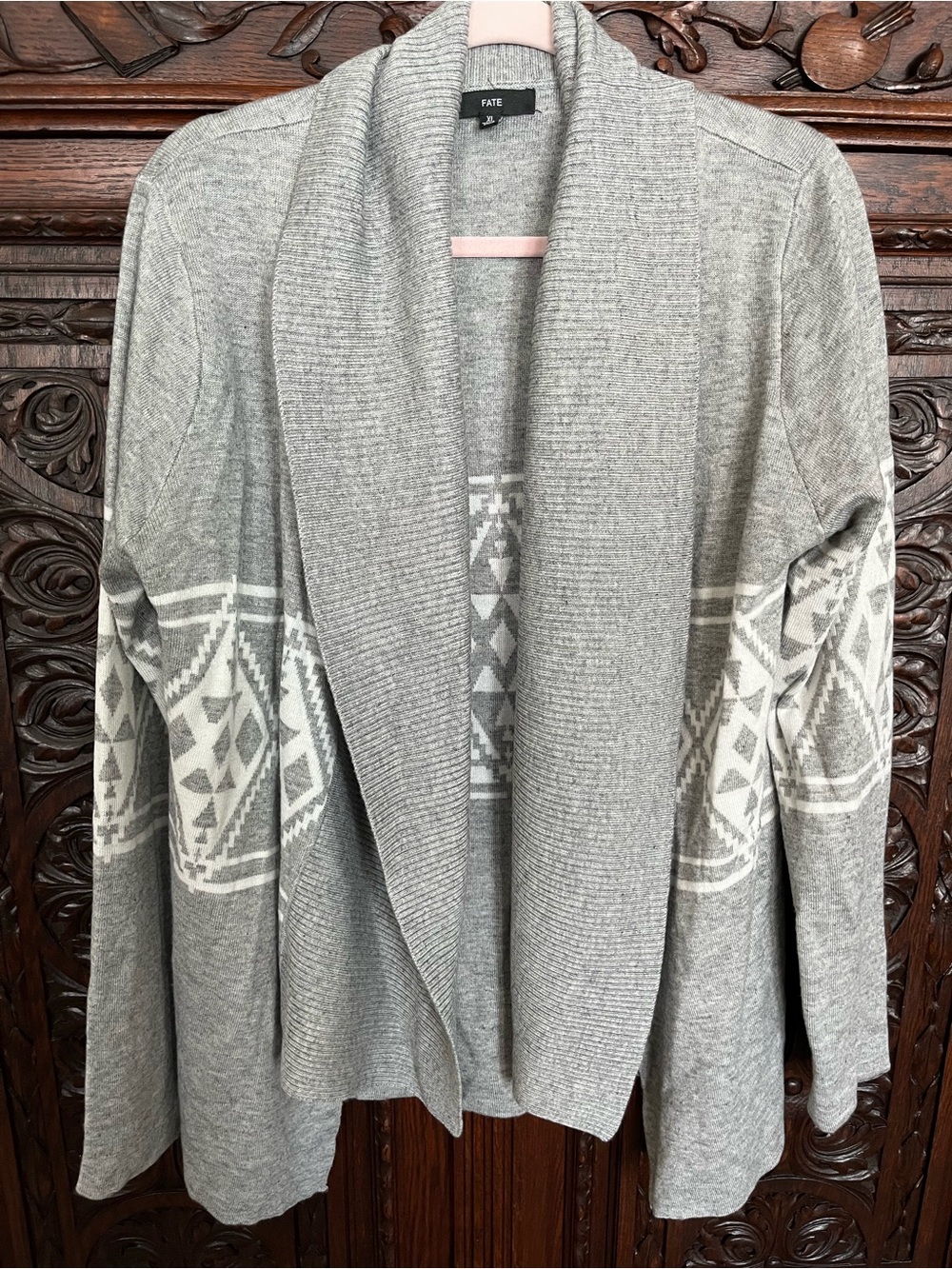 Fate Gray Open-Front Shawl Collar Cardigan with Aztec Motif